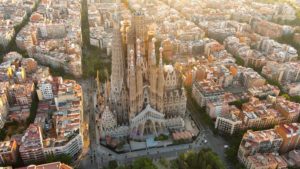 Aerial view of Barcelona City Skyline and Sagrada Familia Cathedral